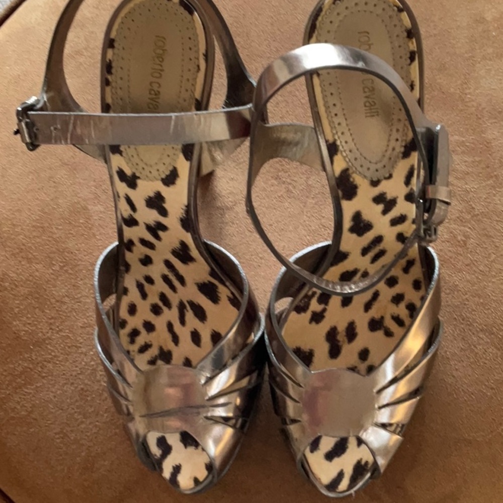AUTH Roberto CAVALLI hi heels metallic 39 8 8.5 9 leopard print insole